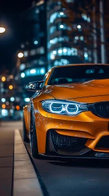 Vibrant orange sports coupe dominates a nocturnal urban avenue