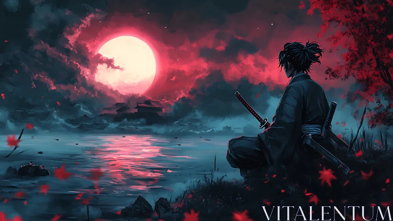 Ronin beneath bloodmoon skies beside a haunted shoreline.