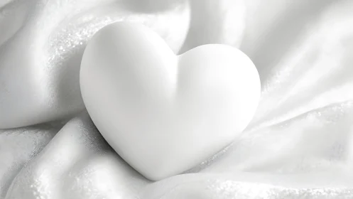 Sculptural white heart form on luminous silk textile surface with specular highlights