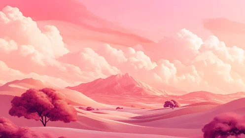 Pink surreal valley with glowing mountains and clouds.