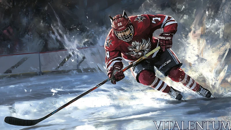 Powerful ice hockey breakaway painted in vivid motion.