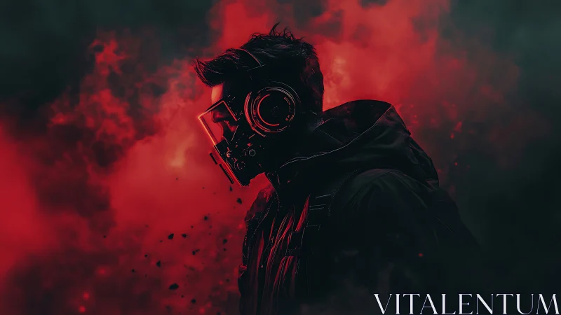 Lone cyberpunk wanderer in red nebula smoke profile portrait.