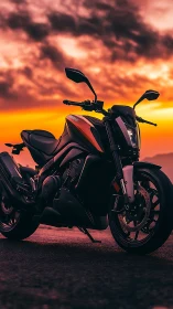 Sport motorcycle silhouette under vivid sunset sky.