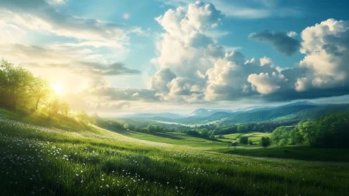 Sunlit alpine valley meadow with rolling hills and cumulus clouds