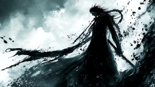 Shadow warrior emerges through storm of ink and chaos.