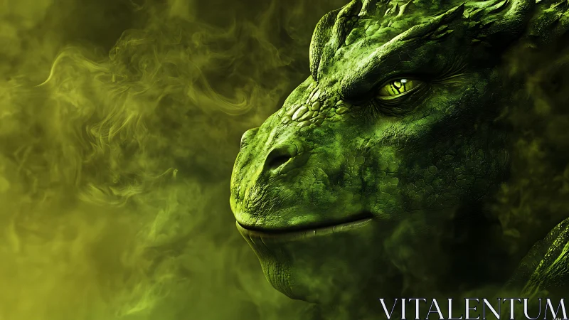 Bioluminescent emerald dragon portrait in swirling toxic haze