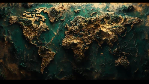 Textured world map relief in teal and burnished gold light.