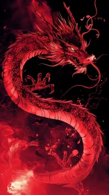 Fiery red dragon swirling through a storm of shadows.
