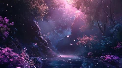 Enchanted river glows softly beneath a dreamy violet sky