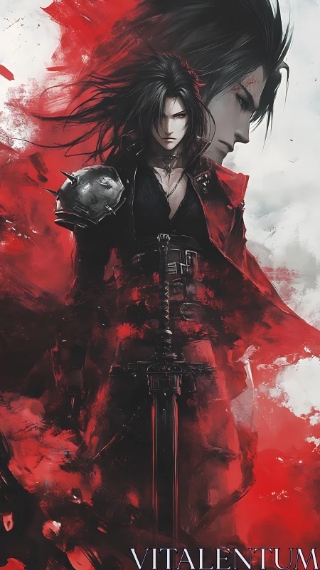 Crimson warrior with greatsword in dynamic red abstraction.