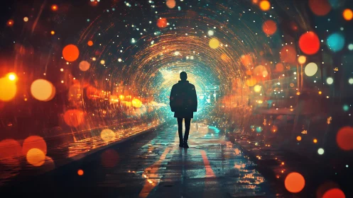 Lone nightwalker crossing a bokeh-torched tunnel of light.
