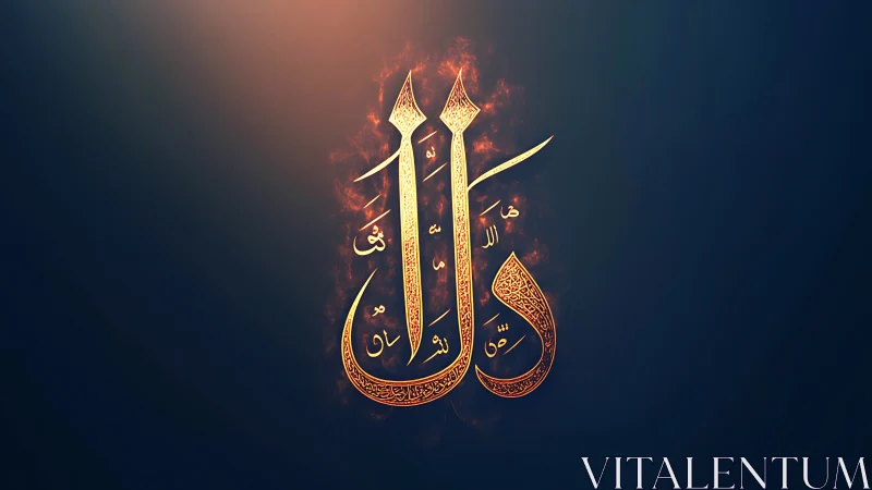 Arabic calligraphy emblem glows over deep gradient backdrop