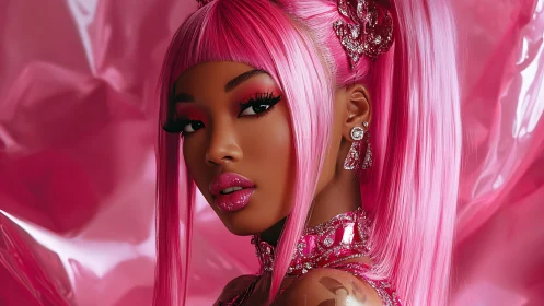 Pink haired digital portrait with glossy glam styling.