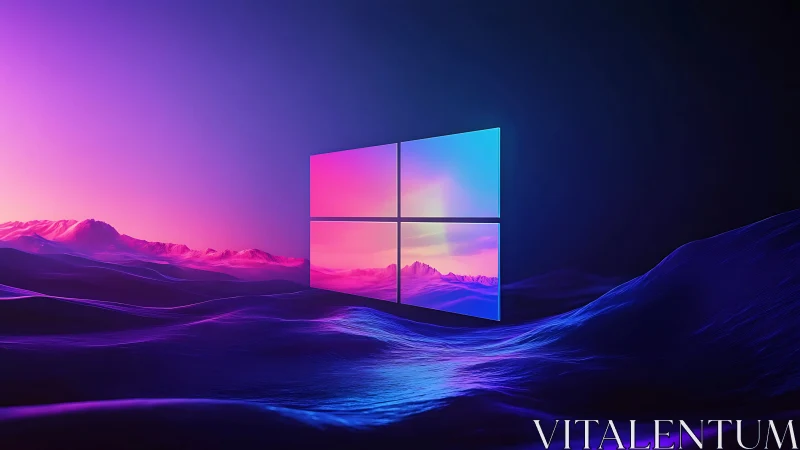 Windows logo floats above stylized neon landscape surface