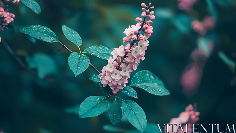 Pink Lilac Blossoms with Teal Foliage: Botanical Macro Study.