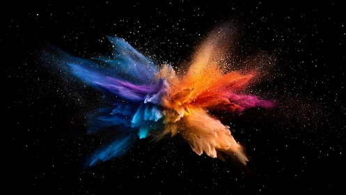 Digital painting of radial pigment explosion on black field.