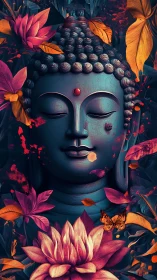 Chromatic Buddha visage with lotus and lepidopteran field dynamics.