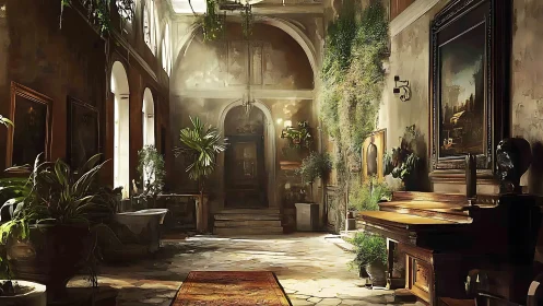 Sunlit atrium with grand piano in overgrown manor hall.