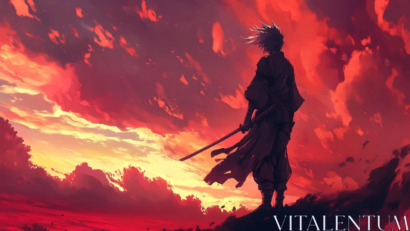 Lone samurai gazes into a blazing red and gold sky at dusk