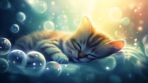 Sleeping Kitten Bathed in Golden Light and Soap Bubbles.