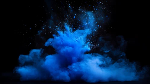 Electric blue pigment cloud expands against deep black void