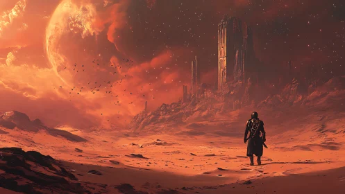 Solitary armored explorer crosses irradiated desert toward monolith