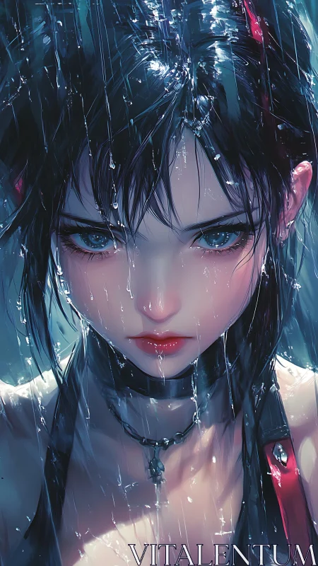 Close frontal view shows anime girl under directional rain