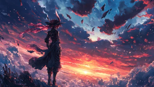 Lone anime wanderer gazes into a blazing cosmic sunset sky.