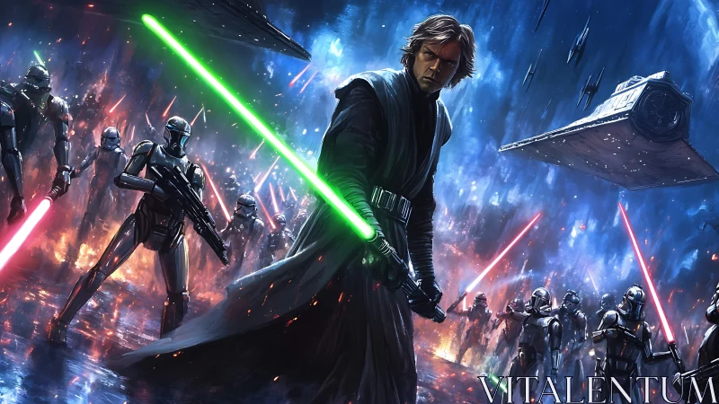 Jedi warrior ignites green lightsaber amid raging galactic war