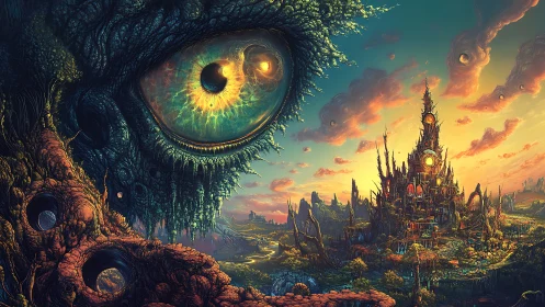 Colossal cosmic eye surveying a luminous alien citadel.