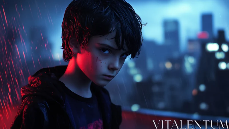 Brooding boy in neon rain overlooking blurred city at night.