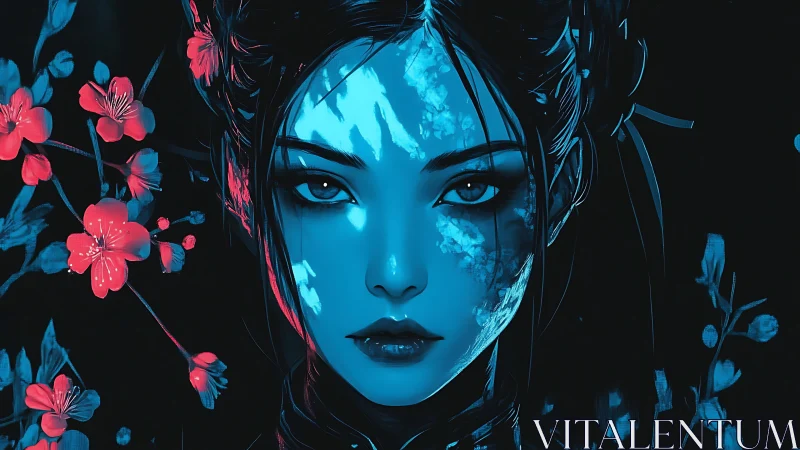 Neon-lit geisha portrait with cyan shadows and floral contrast.