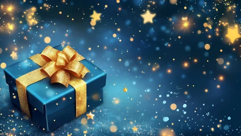 Sparkling blue gift box glows amid golden festive starlight.