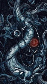 Vining serpent and stethoscope quietly braid a dark forest