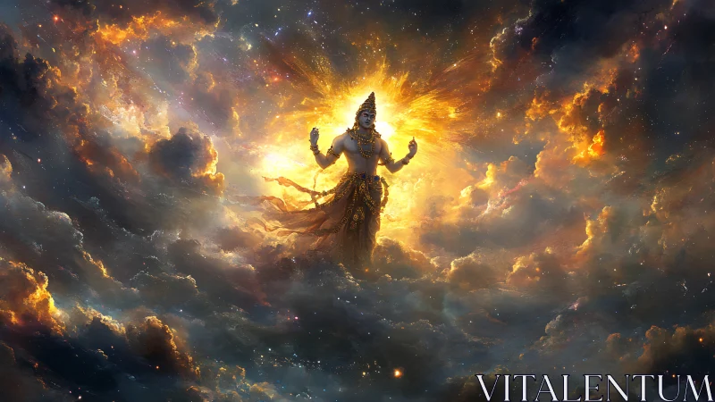 Divine celestial figure radiating light through storm clouds.