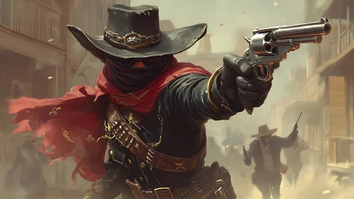 Masked gunslinger aims revolver in dynamic Western standoff