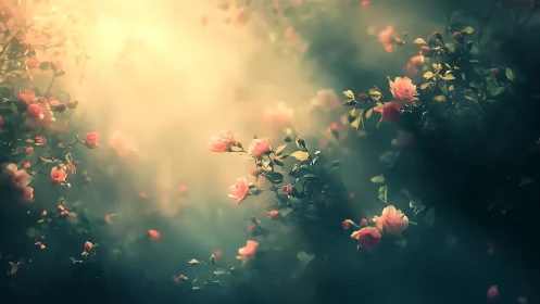 Roses blooming through soft golden haze.