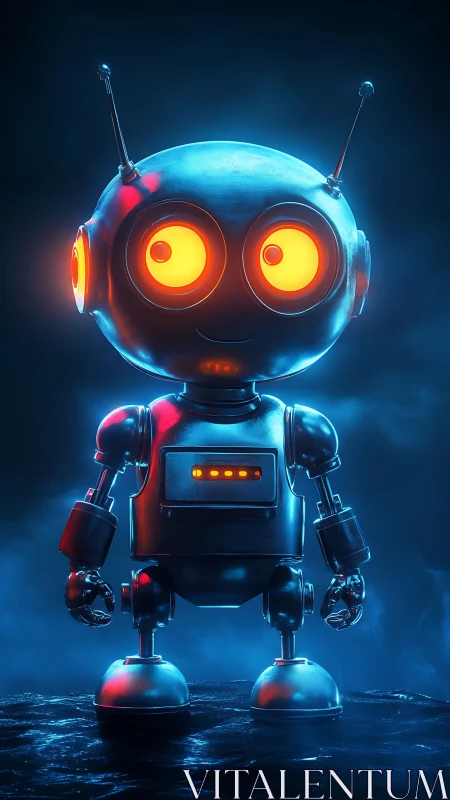 Cute glowing robot stands in neon mist, ready to assist