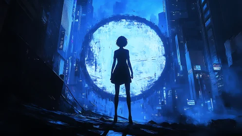 Silhouette before glowing portal in neon cyberpunk city.