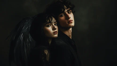 Dark angel and youth share a moody, intimate portrait.