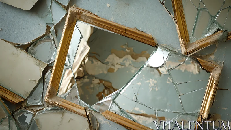 Photorealistic fractured mirror collage with gold frames.