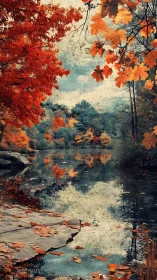 Autumn trees surround reflective river with fallen leaves
