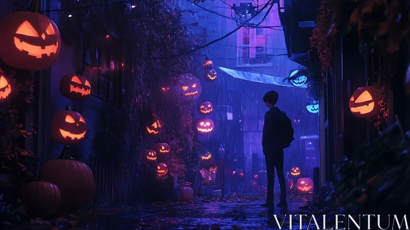 Neon rain haunts a jack-o-lantern alley of whispered dares.