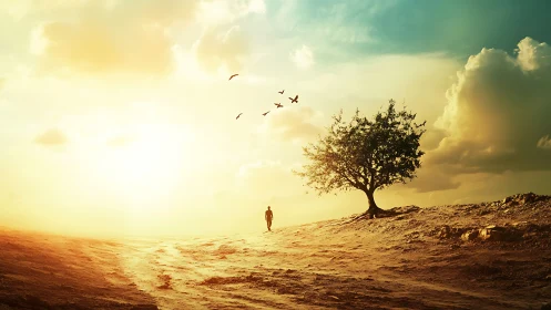 Solitary figure walks toward horizon under radiant desert sky