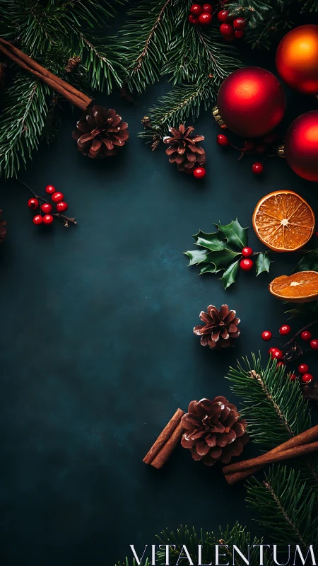 Flat lay of Christmas botanicals on dark teal textured surface