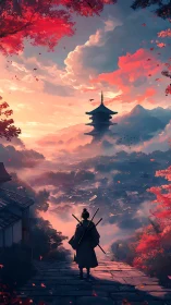 Crimson clouds escort a lone wanderer toward the pagoda