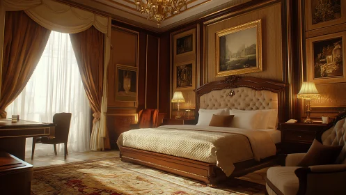 Classic luxury hotel bedroom with warm wood paneling.