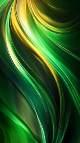 Curved luminous green and gold ribbons form dynamic abstract flow