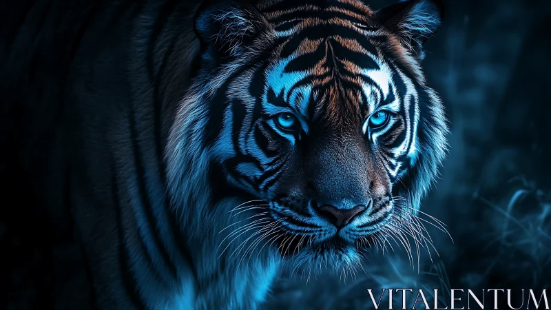 Blue-lit tiger stares through darkness with fierce silent focus