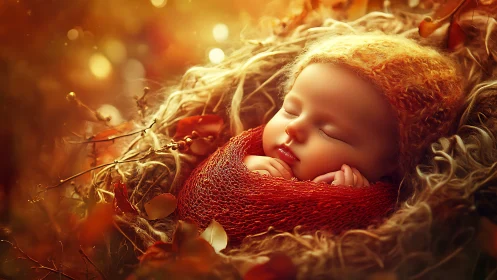 Newborn portrait in golden autumn bokeh lighting palette.